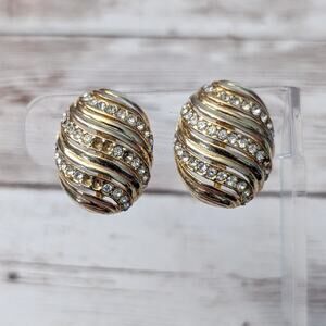 Vintage Clip On Earrings Gold Tone Oval with Clear Gems - Missing Gems